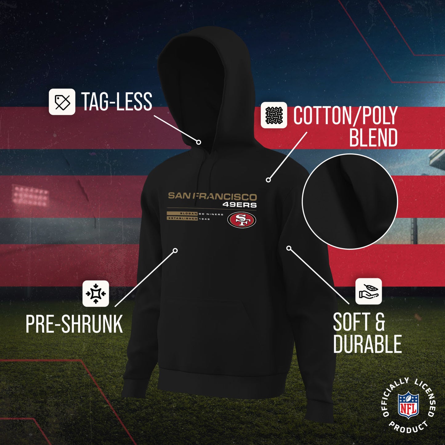 San Francisco 49ers Adult NFL Speed Stat Sheet Fleece Hooded Sweatshirt - Black
