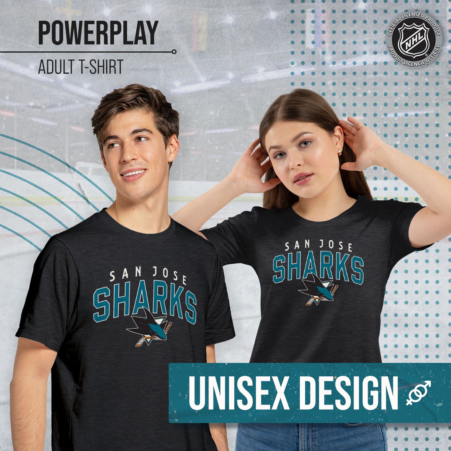 San Jose Sharks NHL Adult Powerplay Heathered Unisex T-Shirt - Black Heather