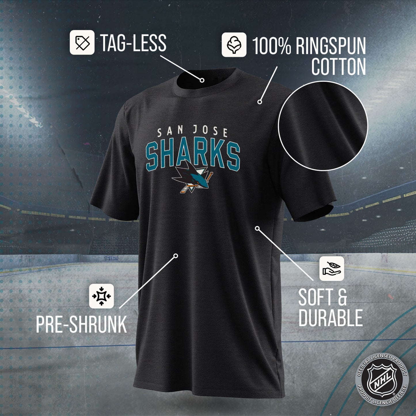 San Jose Sharks NHL Adult Powerplay Heathered Unisex T-Shirt - Black Heather