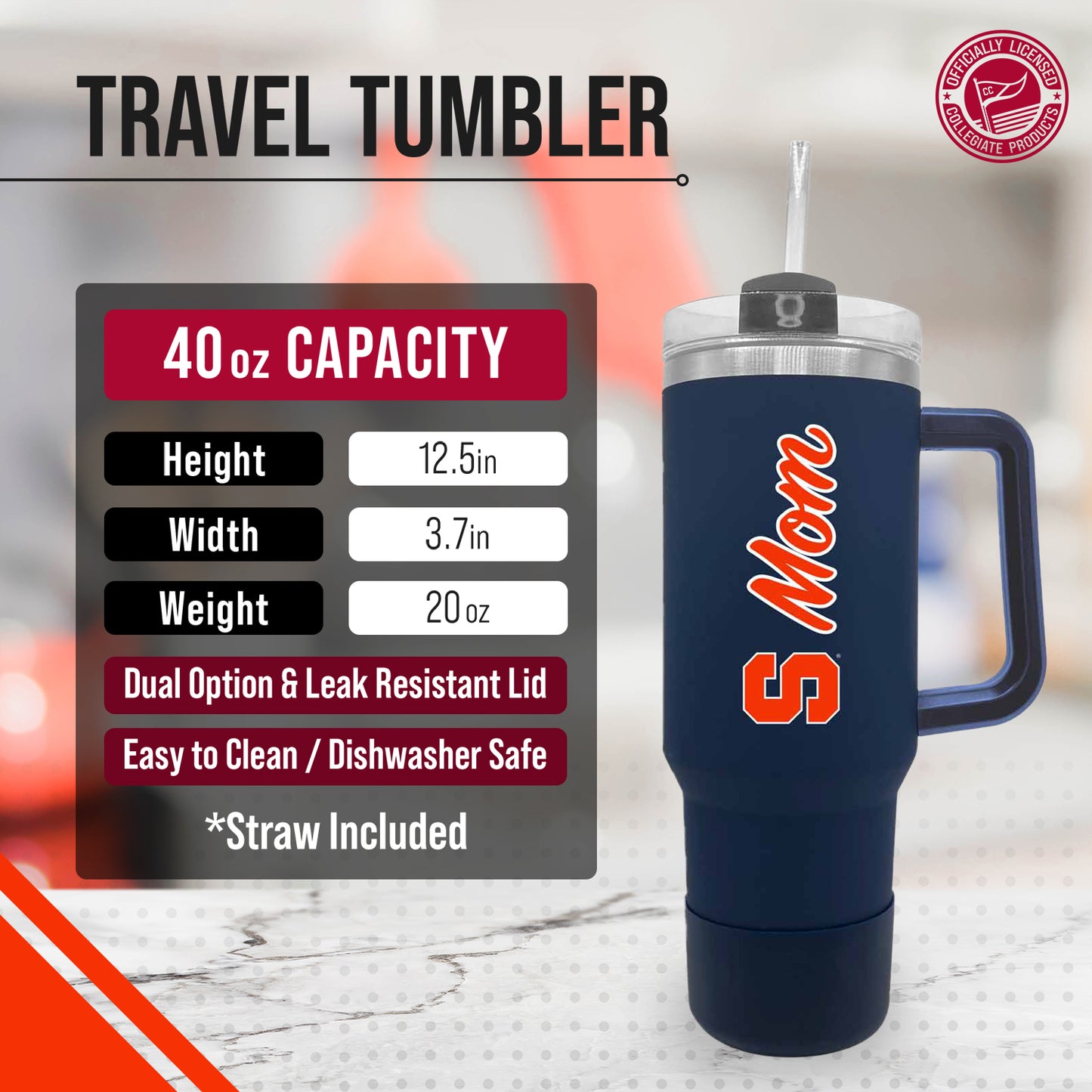 Syracuse Orange Collegiate 40oz Stainless Steel Travel Tumbler with Handle for Mom - Navy