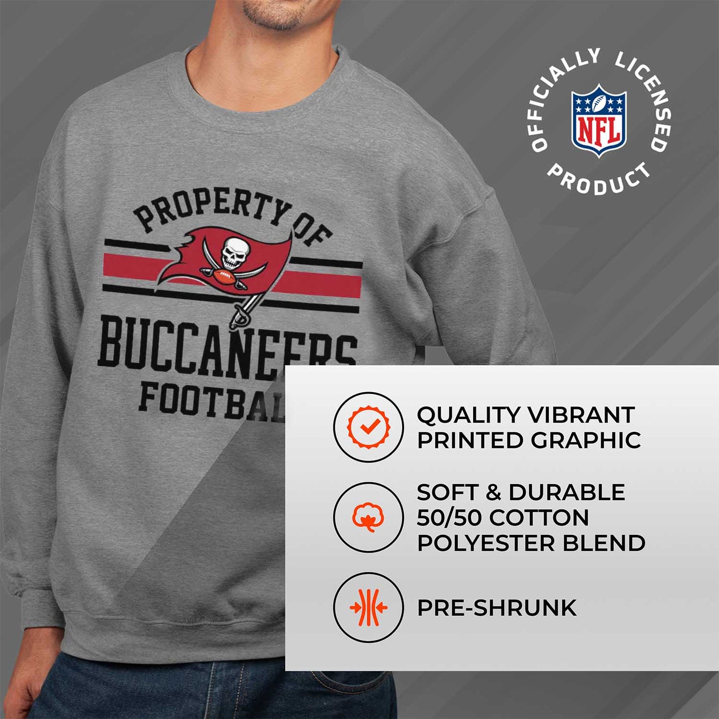 Tampa Bay Buccaneers NFL Adult Property Of Crewneck Fleece Sweatshirt - Sport Gray