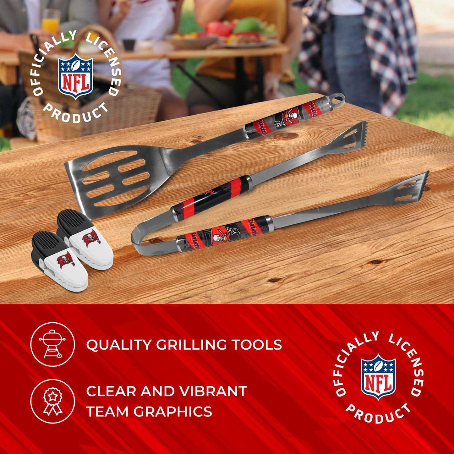 Tampa Bay Buccaneers NFL Two Piece Grilling Tools Set with 2 Magnet Chip Clips - Chrome