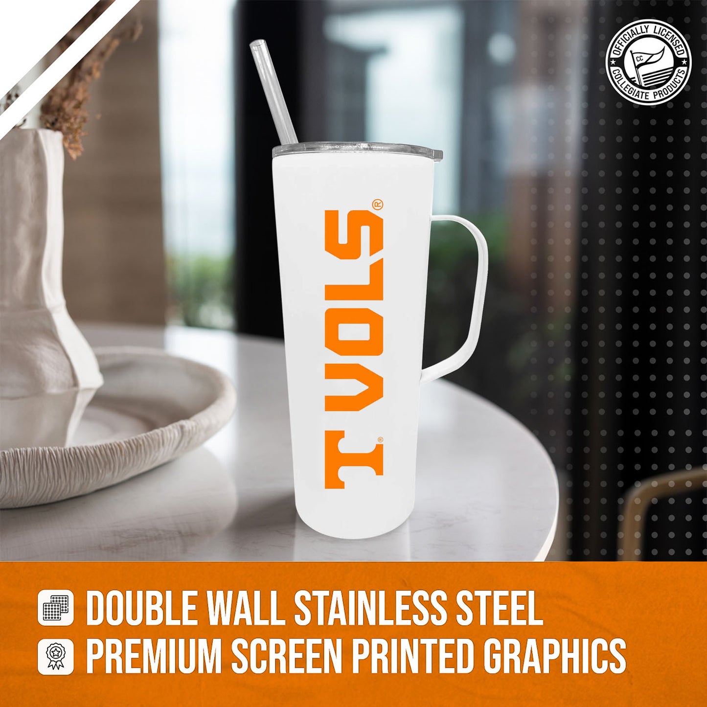 Tennessee Volunteers NCAA Stainless Steal 20oz Roadie With Handle & Dual Option Lid With Straw - White