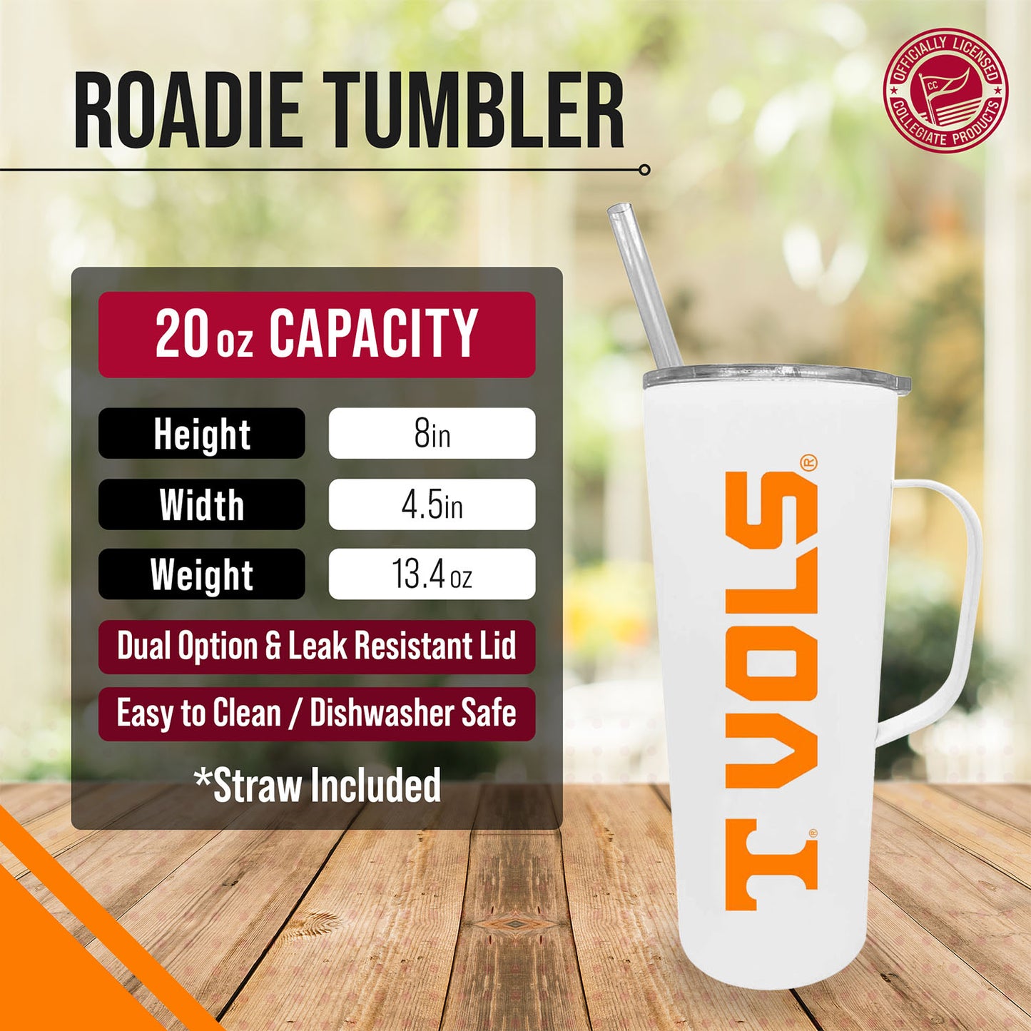 Tennessee Volunteers NCAA Stainless Steal 20oz Roadie With Handle & Dual Option Lid With Straw - White