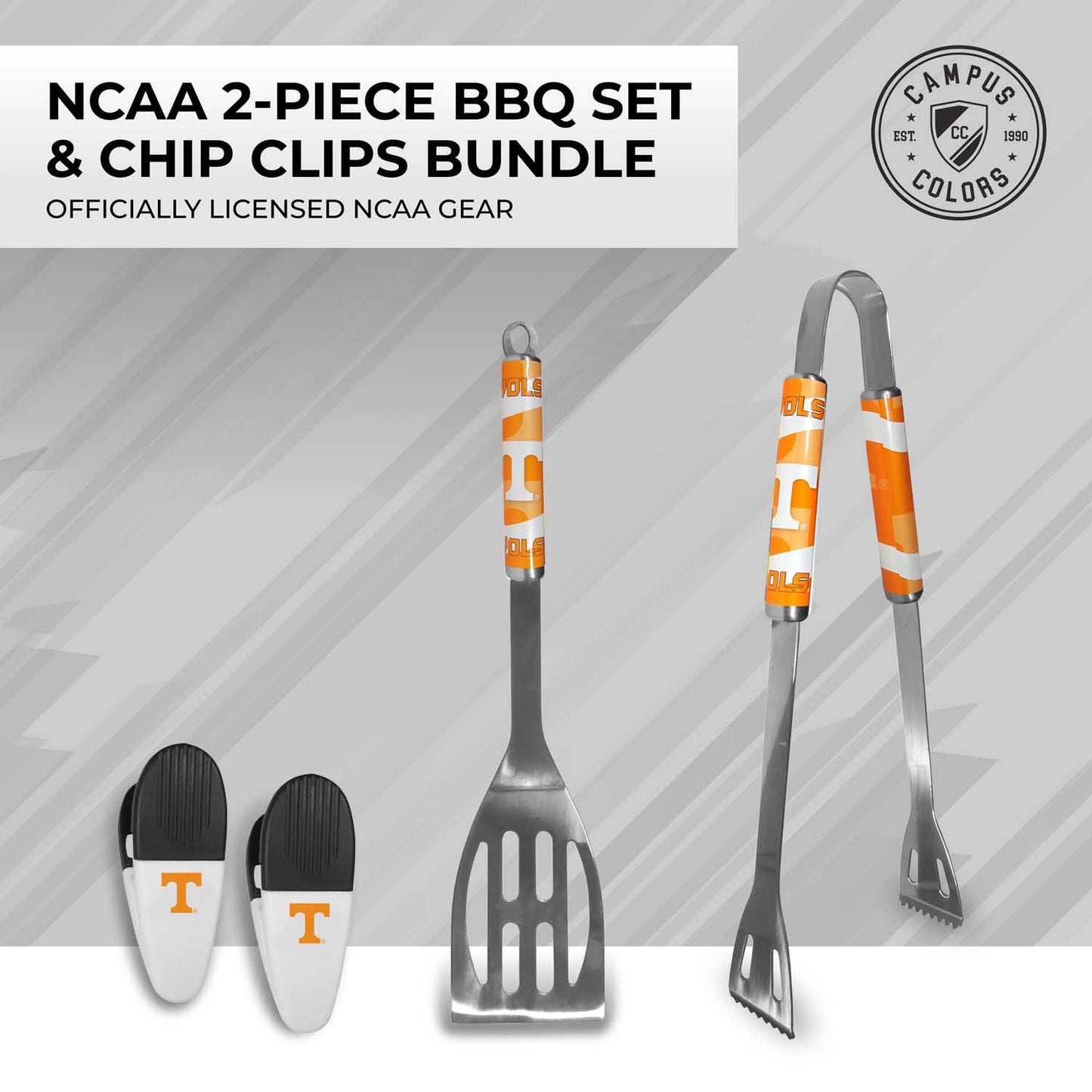 Tennessee Volunteers Collegiate University Two Piece Grilling Tools Set with 2 Magnet Chip Clips - Chrome