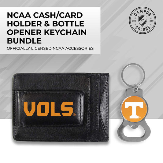 Tennessee Volunteers School Logo Leather Card/Cash Holder and Bottle Opener Keychain Bundle - Black