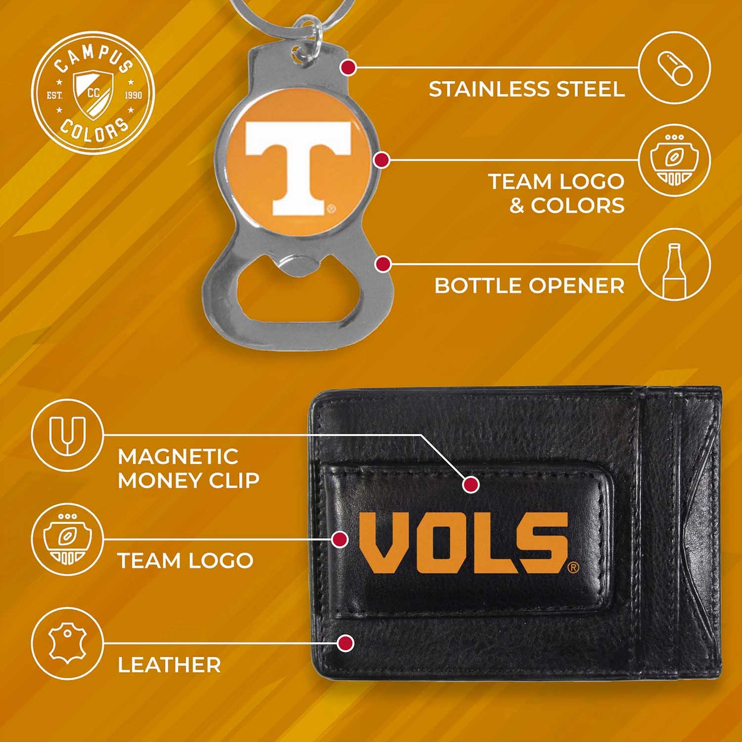 Tennessee Volunteers School Logo Leather Card/Cash Holder and Bottle Opener Keychain Bundle - Black