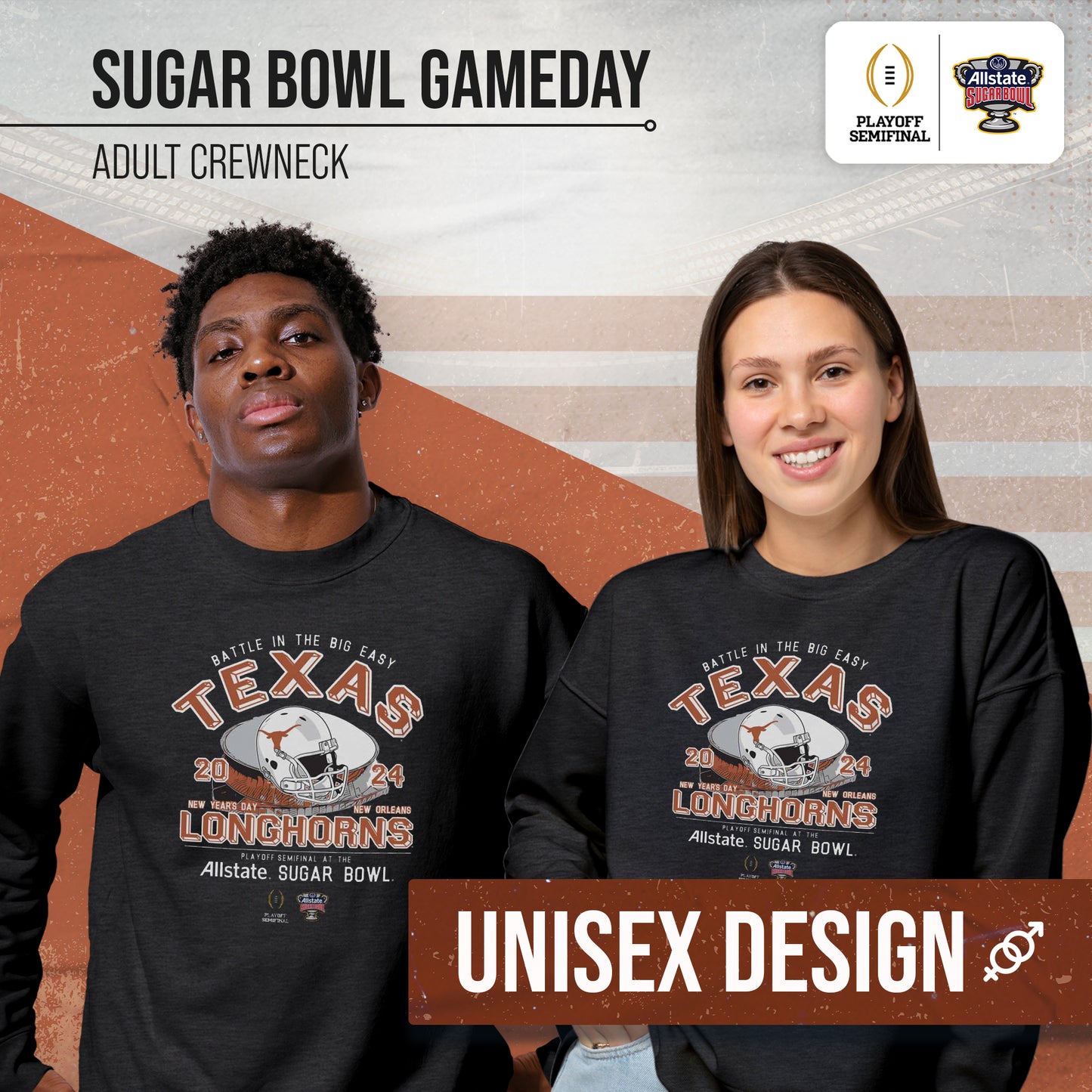 Texas Longhorns 2024 Sugar Bowl Game Day College Football Crewneck - Black Heather