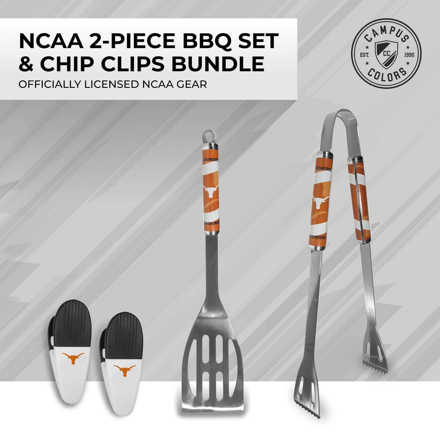 Texas Longhorns Collegiate University Two Piece Grilling Tools Set with 2 Magnet Chip Clips - Chrome