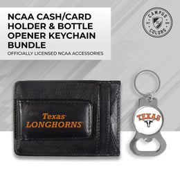 Texas Longhorns School Logo Leather Card/Cash Holder and Bottle Opener Keychain Bundle - Black