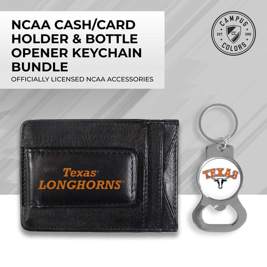 Texas Longhorns School Logo Leather Card/Cash Holder and Bottle Opener Keychain Bundle - Black