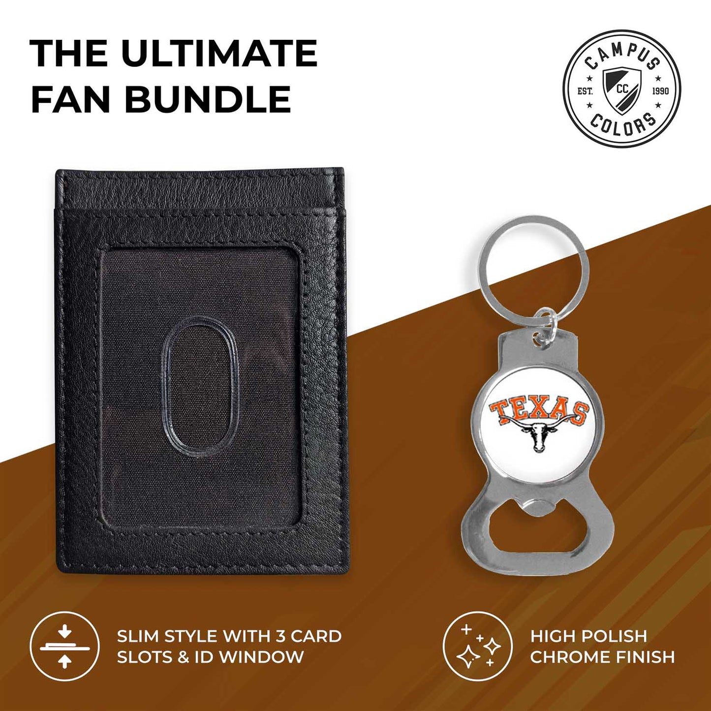 Texas Longhorns School Logo Leather Card/Cash Holder and Bottle Opener Keychain Bundle - Black