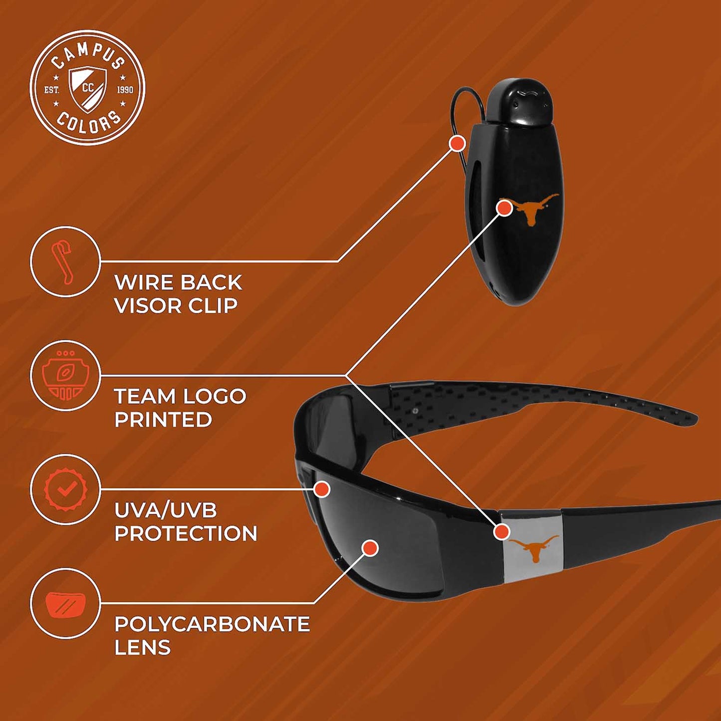 Texas Longhorns NCAA Black Chrome Sunglasses with Visor Clip Bundle - Black