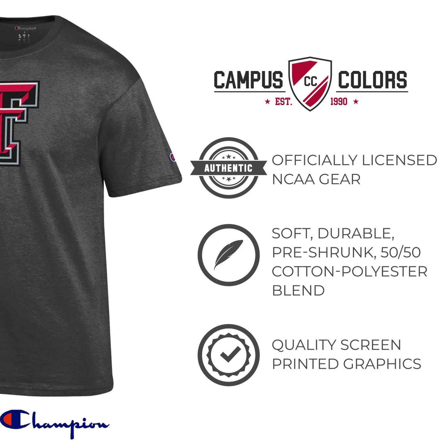 Texas Tech Red Raiders Champion Adult NCAA Soft Style Mascot Tagless T-Shirt - Charcoal