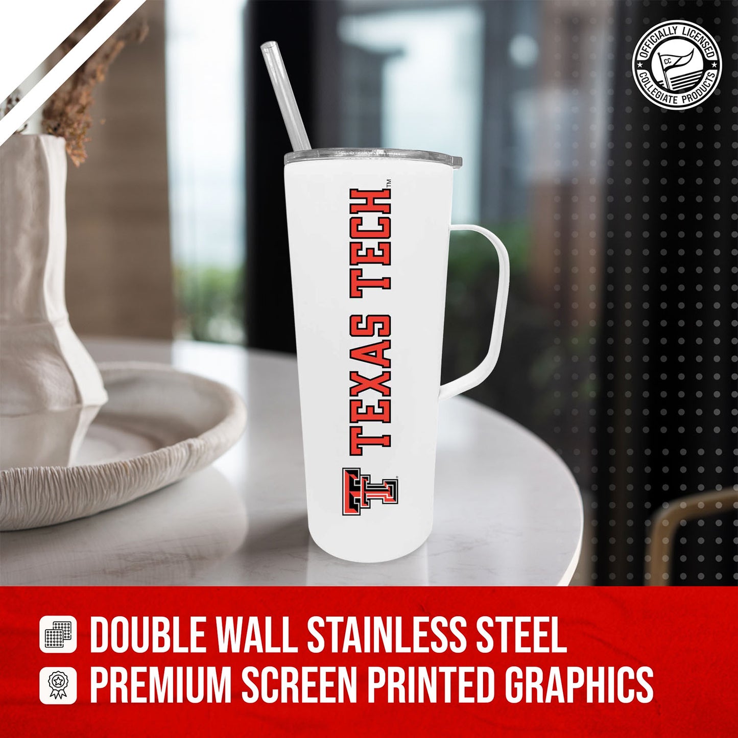 Texas Tech Red Raiders NCAA Stainless Steal 20oz Roadie With Handle & Dual Option Lid With Straw - White