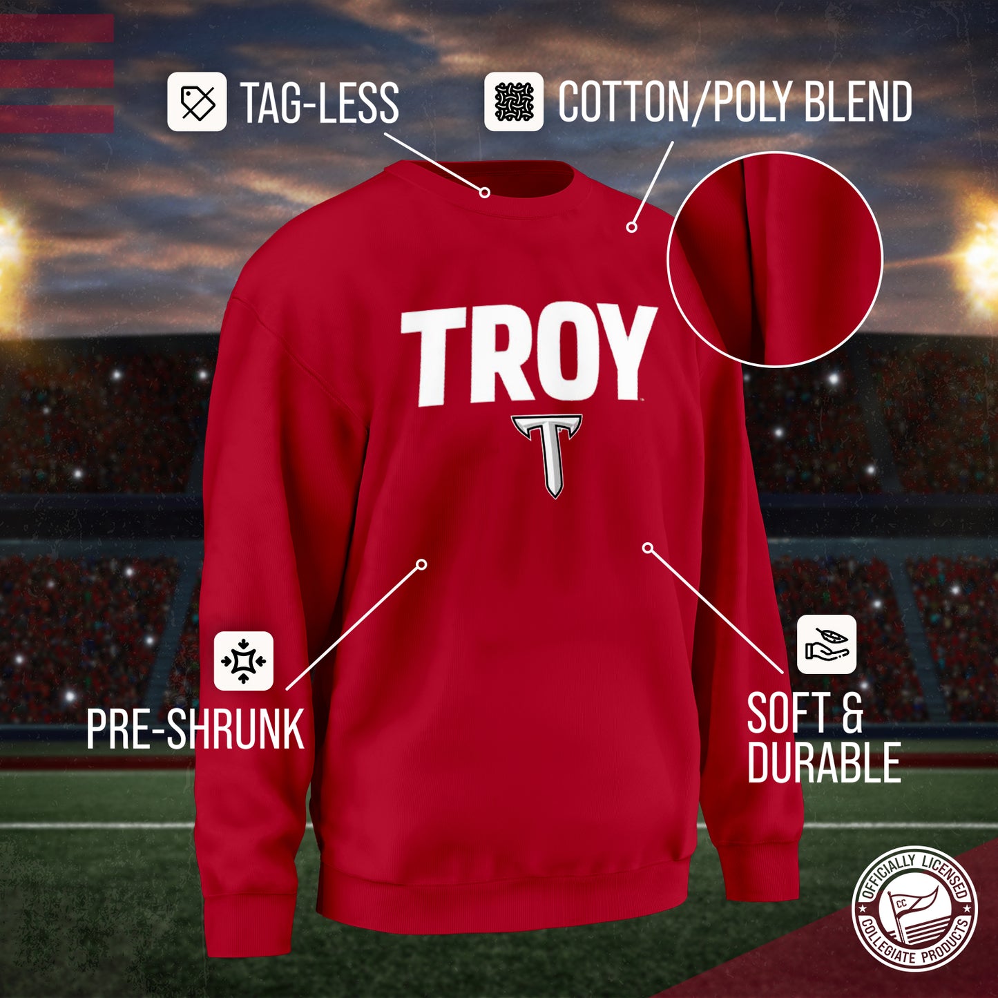 Troy Trojans Adult Arch & Logo Soft Style Gameday Crewneck Sweatshirt - Cardinal