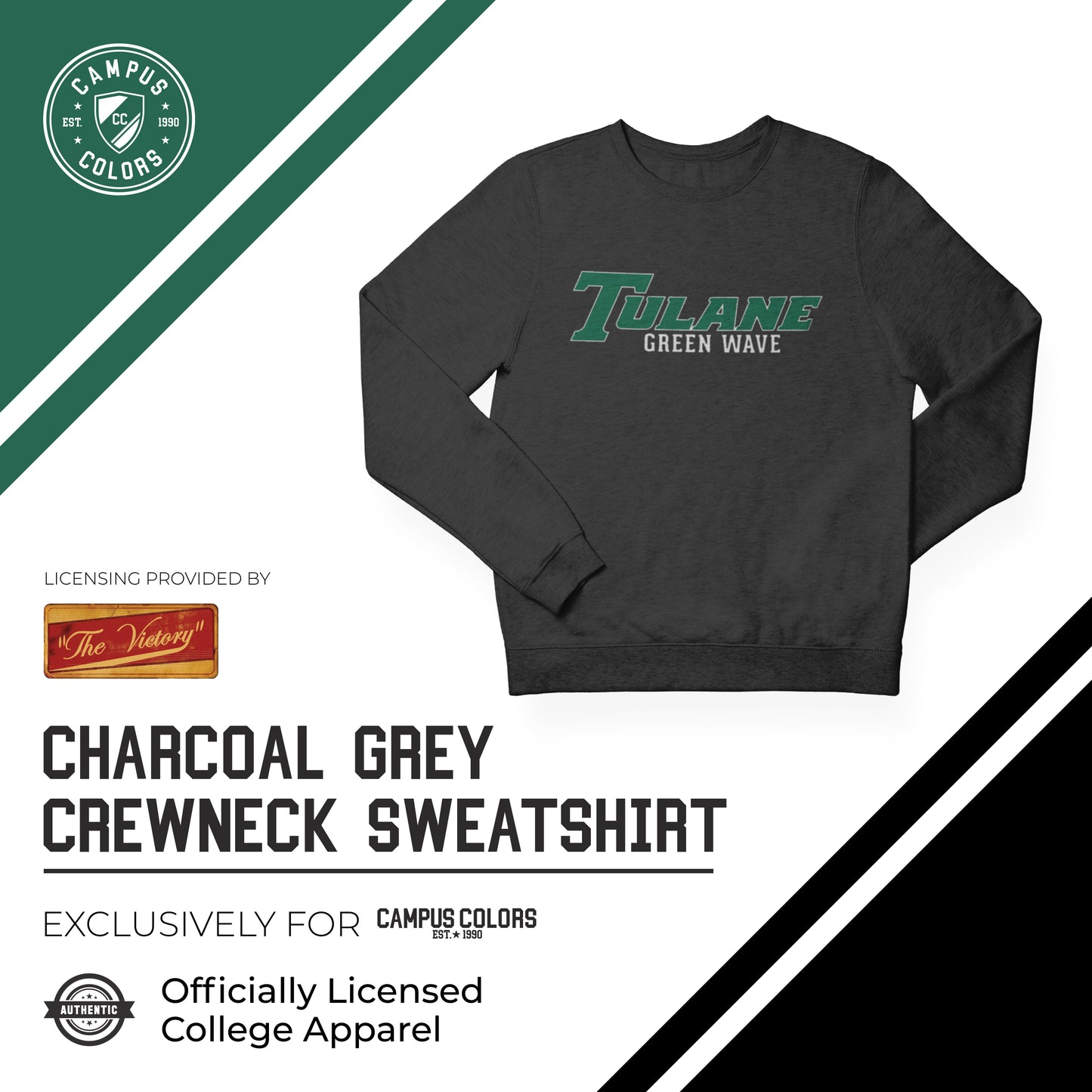 Tulane Green Wave NCAA Adult Charcoal Crewneck Fleece Sweatshirt - Charcoal