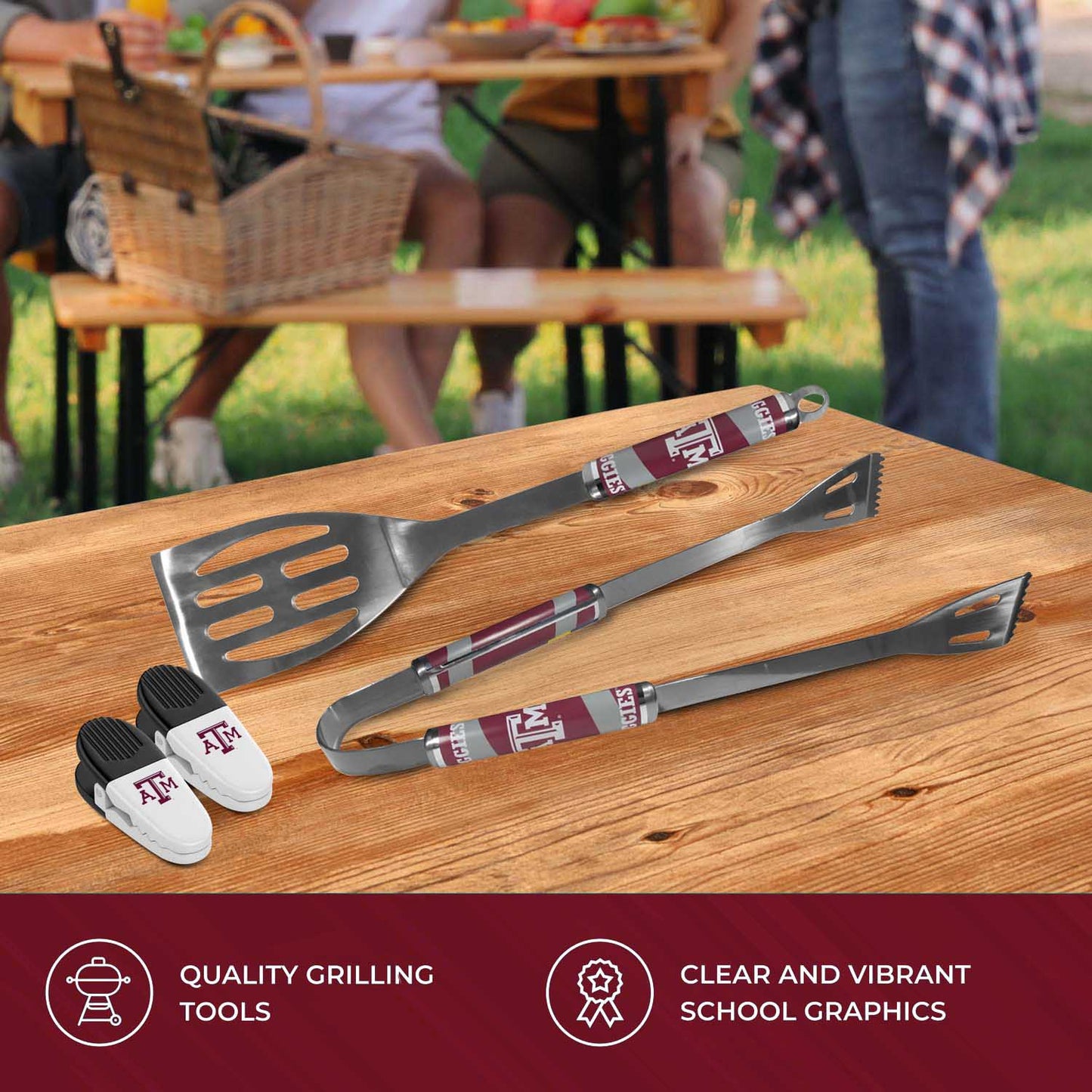 Texas A&M Aggies Collegiate University Two Piece Grilling Tools Set with 2 Magnet Chip Clips - Chrome