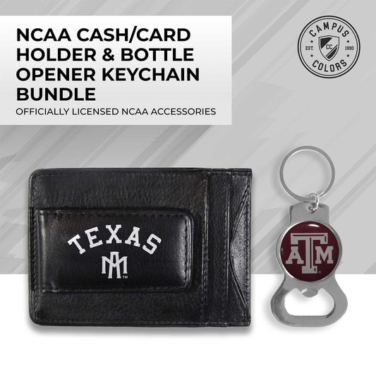 Texas A&M Aggies School Logo Leather Card/Cash Holder and Bottle Opener Keychain Bundle - Black