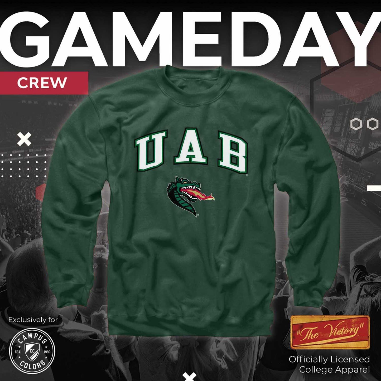 UAB Blazers Adult Arch & Logo Soft Style Gameday Crewneck Sweatshirt - Green