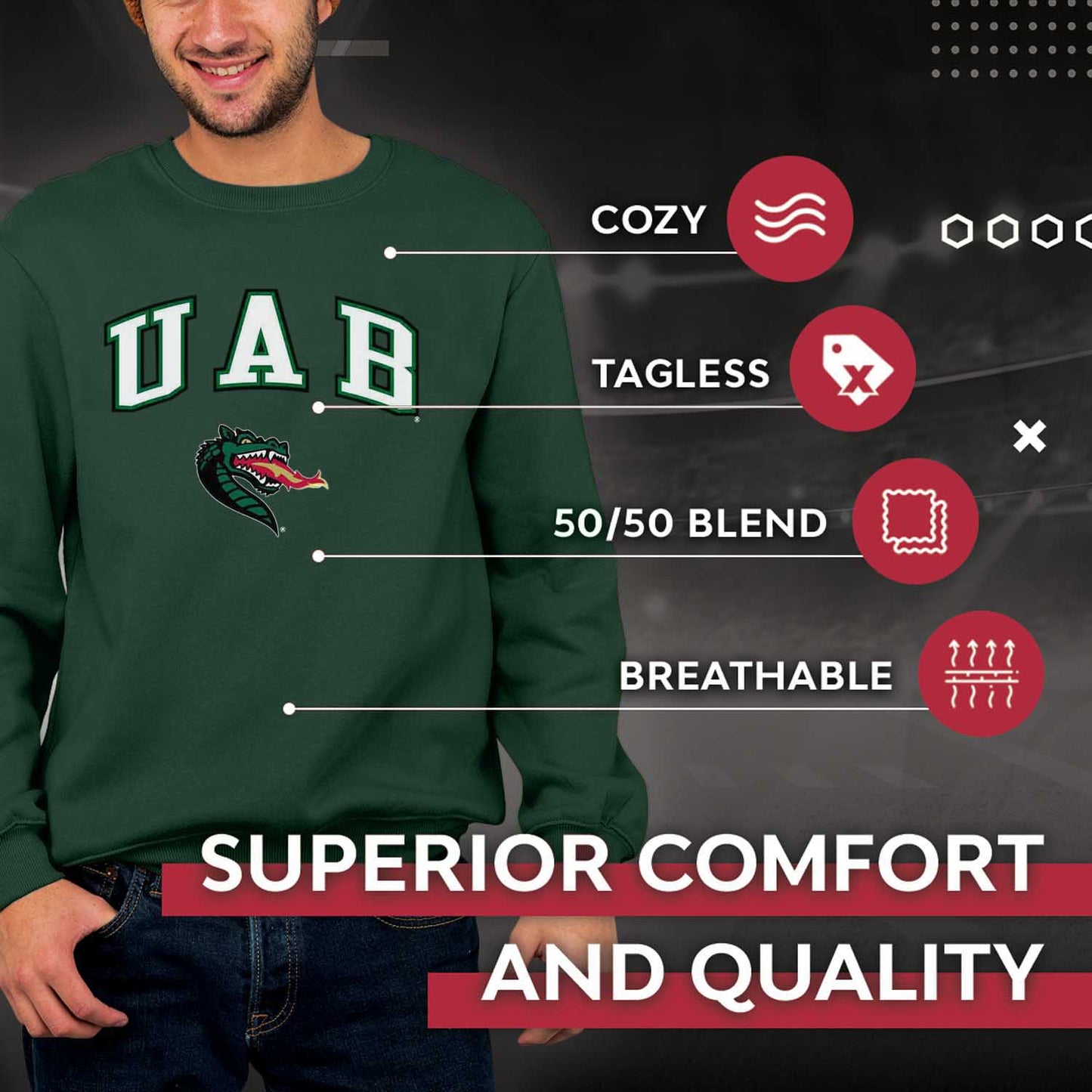 UAB Blazers Adult Arch & Logo Soft Style Gameday Crewneck Sweatshirt - Green