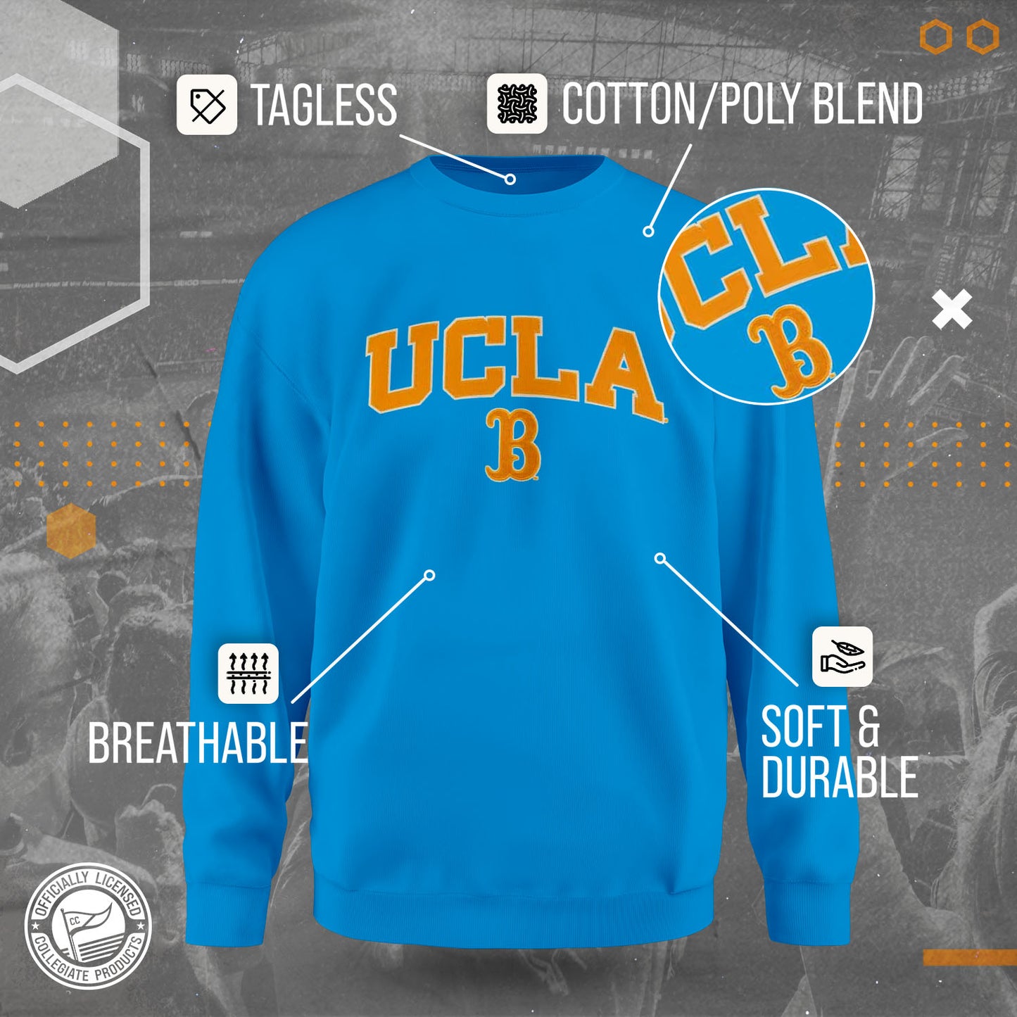 UCLA Bruins NCAA Adult Tackle Twill Crewneck Sweatshirt - Light Blue