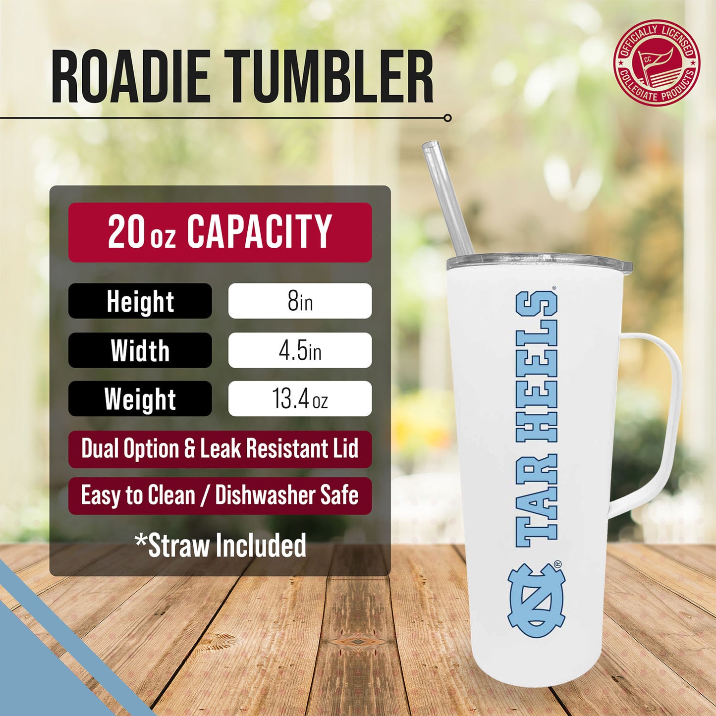 North Carolina Tar Heels NCAA Stainless Steal 20oz Roadie With Handle & Dual Option Lid With Straw - White