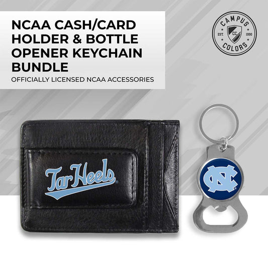 North Carolina Tar Heels School Logo Leather Card/Cash Holder and Bottle Opener Keychain Bundle - Black