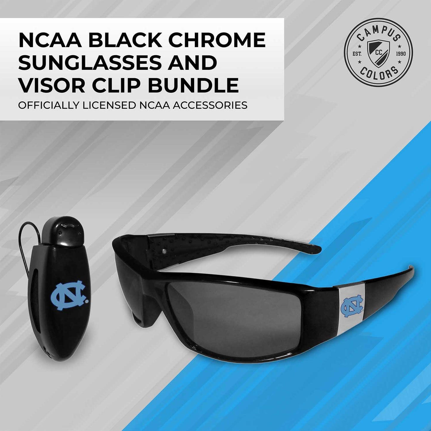 North Carolina Tar Heels NCAA Black Chrome Sunglasses with Visor Clip Bundle - Black