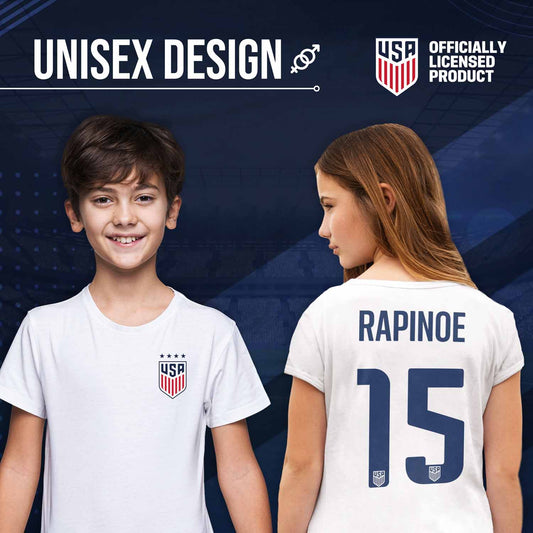 USA National Team The Victory Officially Licensed Youth US Women's National Soccer Team Megan Rapinoe Name & Number T-Shirt - White #15