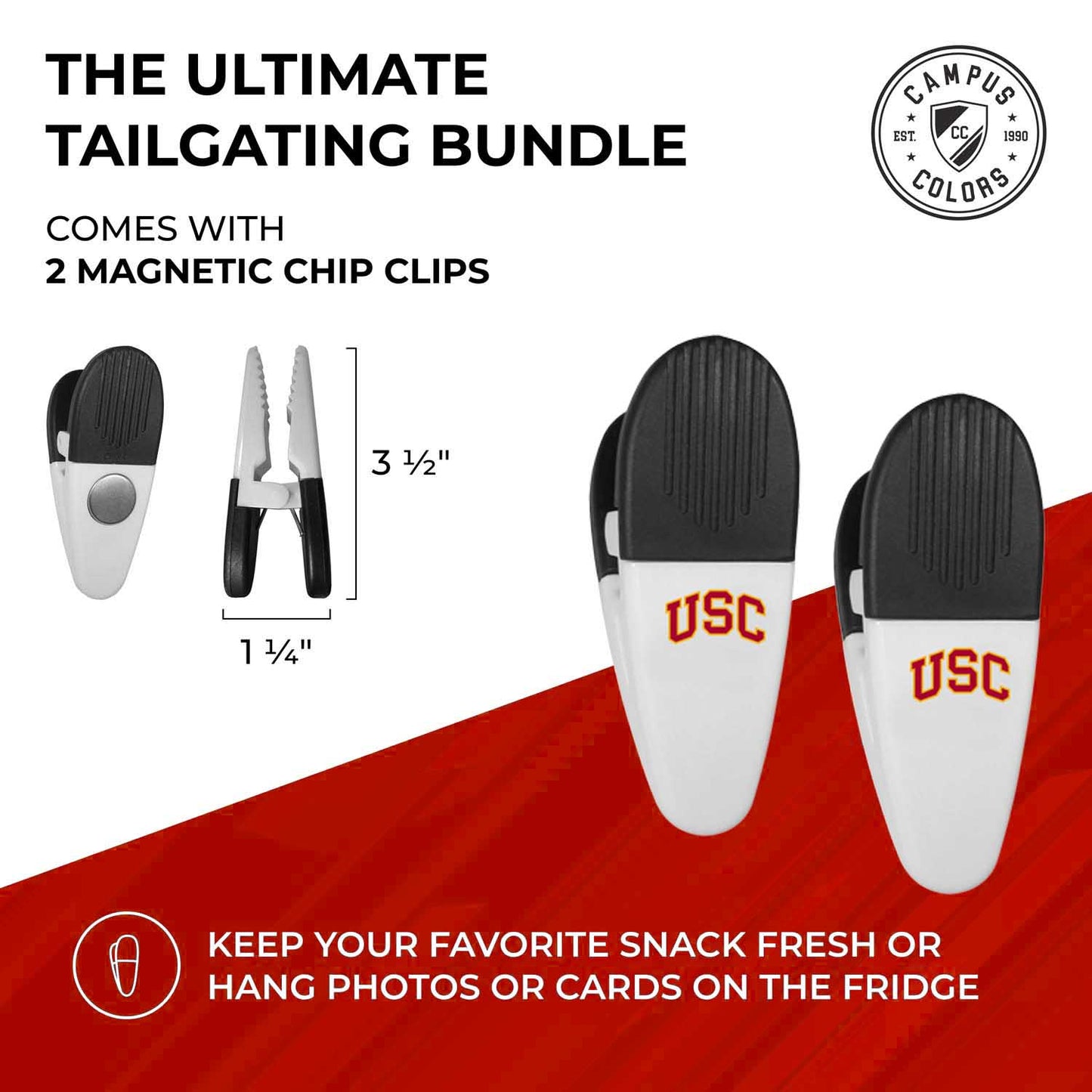 USC Trojans Collegiate University Two Piece Grilling Tools Set with 2 Magnet Chip Clips - Chrome