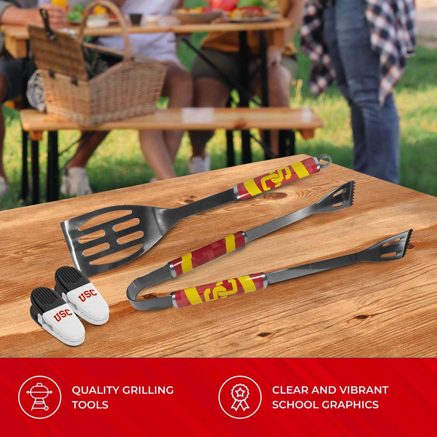 USC Trojans Collegiate University Two Piece Grilling Tools Set with 2 Magnet Chip Clips - Chrome