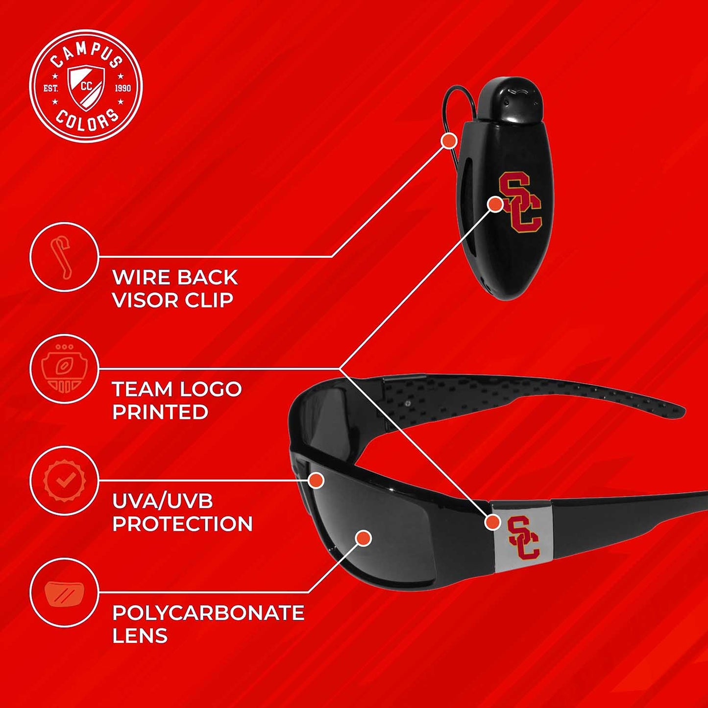 USC Trojans NCAA Black Chrome Sunglasses with Visor Clip Bundle - Black