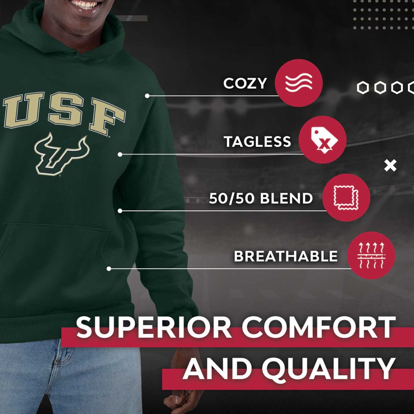 USF Bulls Adult Arch & Logo Soft Style Gameday Hooded Sweatshirt - Green