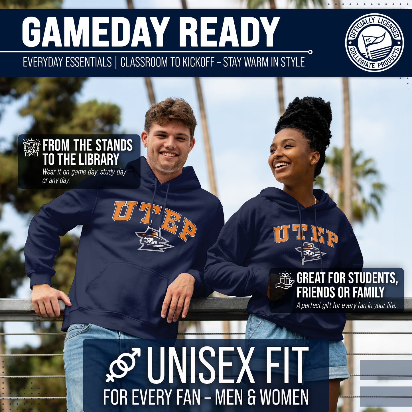 UTEP Miners Adult Arch & Logo Soft Style Gameday Hooded Sweatshirt - Navy
