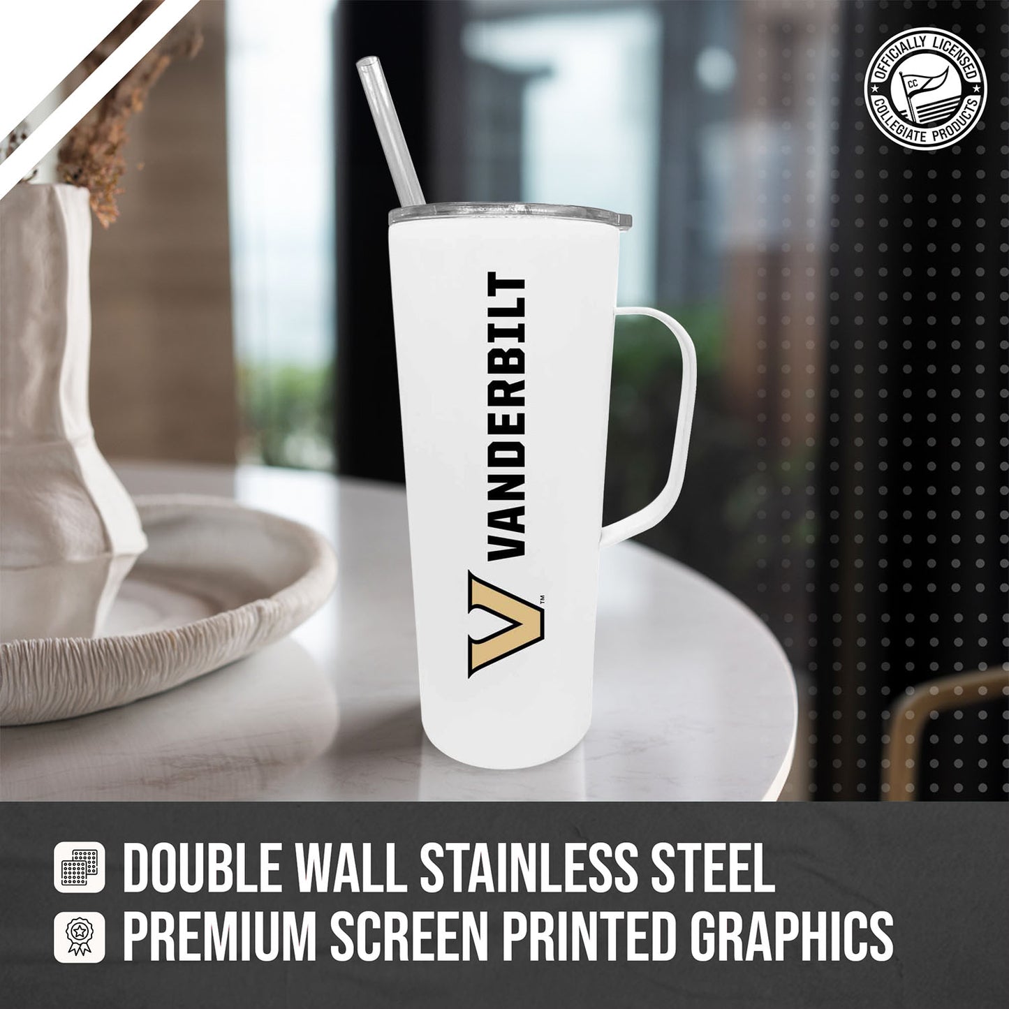 Vanderbilt Commodores NCAA Stainless Steal 20oz Roadie With Handle & Dual Option Lid With Straw - White
