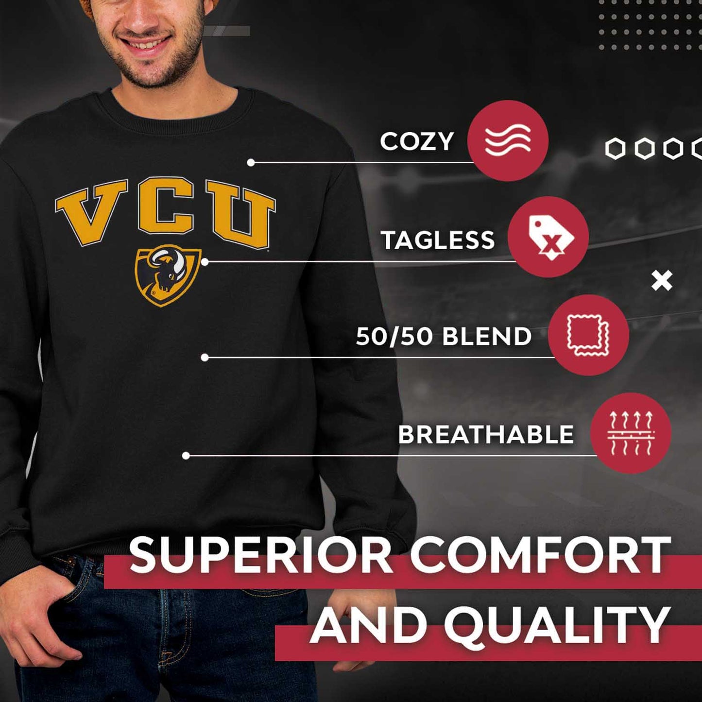 VCU Rams Adult Arch & Logo Soft Style Gameday Crewneck Sweatshirt - Black