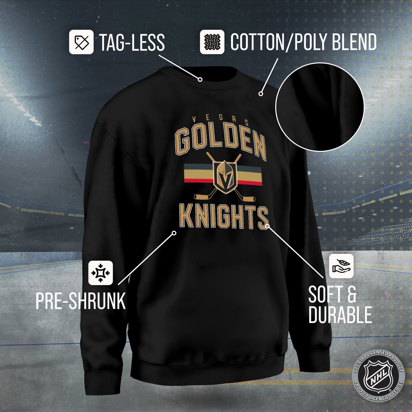 Las Vegas Golden Knights Adult NHL Face Off Hockey Fleece Crewneck Sweatshirt - Black