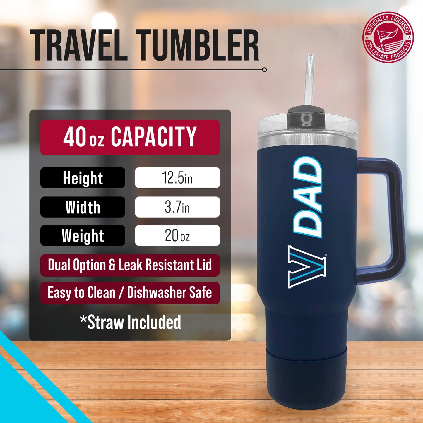 Villanova Wildcats Collegiate 40oz Stainless Steel Travel Tumbler with Handle for Dad - Navy