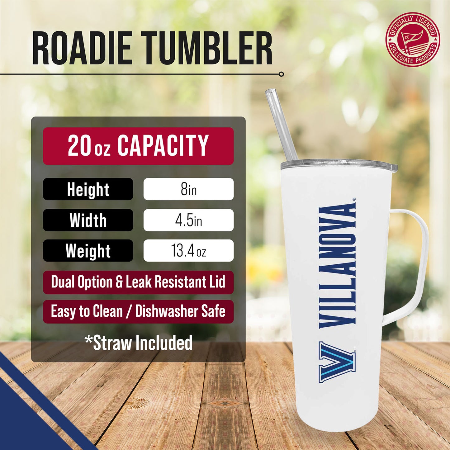 Villanova Wildcats NCAA Stainless Steal 20oz Roadie With Handle & Dual Option Lid With Straw - White
