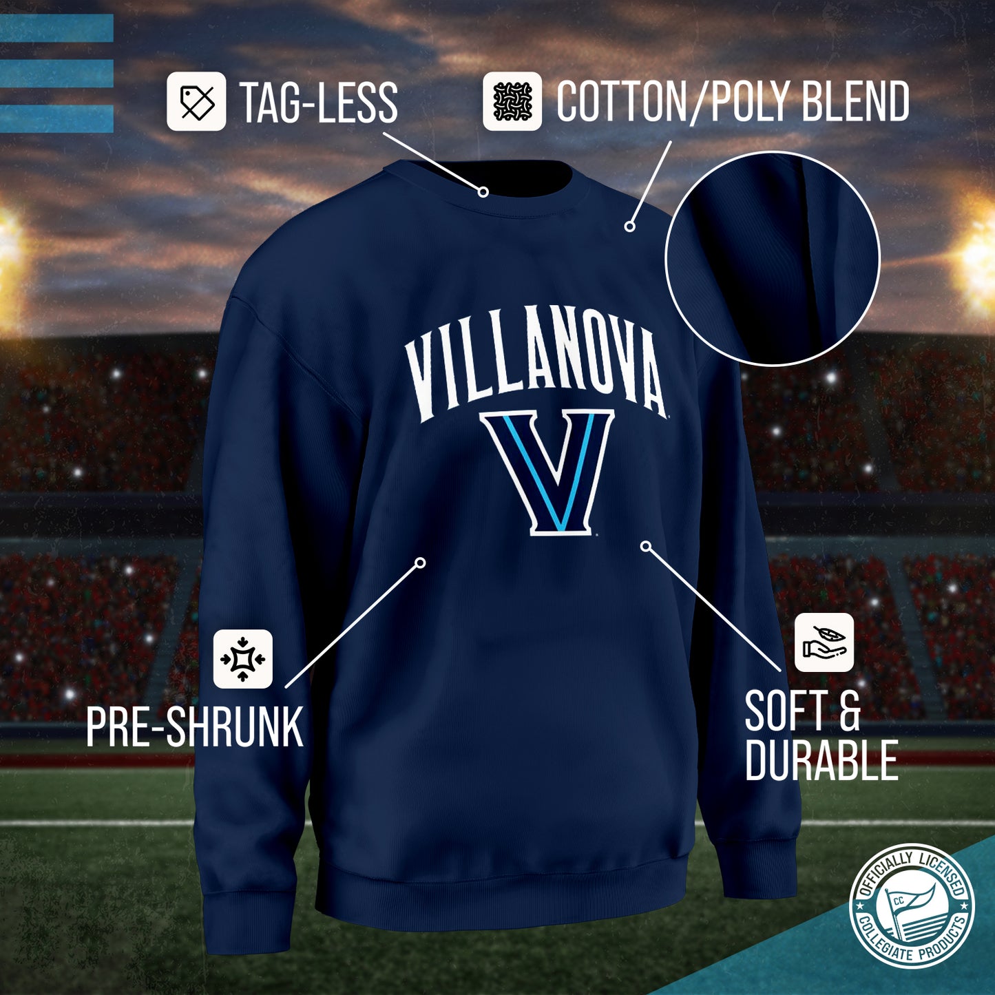 Villanova Wildcats Adult Arch & Logo Soft Style Gameday Crewneck Sweatshirt - Navy