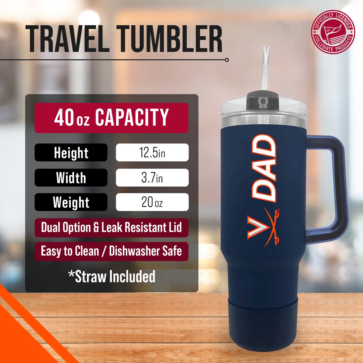 Virginia Cavaliers Collegiate 40oz Stainless Steel Travel Tumbler with Handle for Dad - Navy