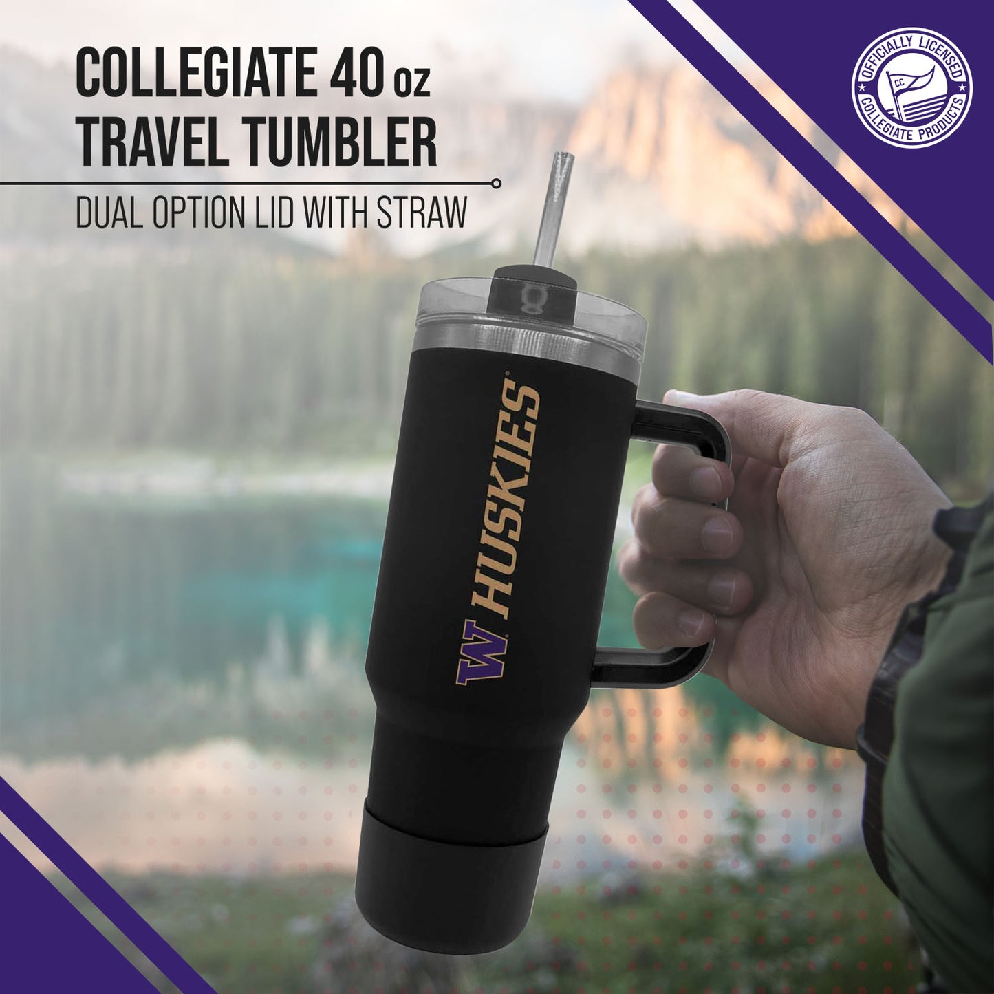Washington Huskies College & University 40 oz Travel Tumbler With Handle - Black