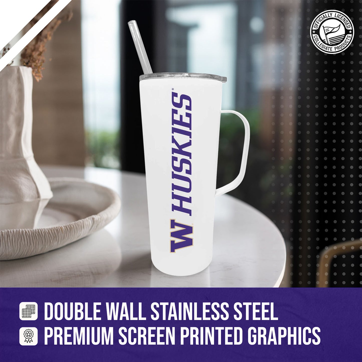 Washington Huskies NCAA Stainless Steal 20oz Roadie With Handle & Dual Option Lid With Straw - White