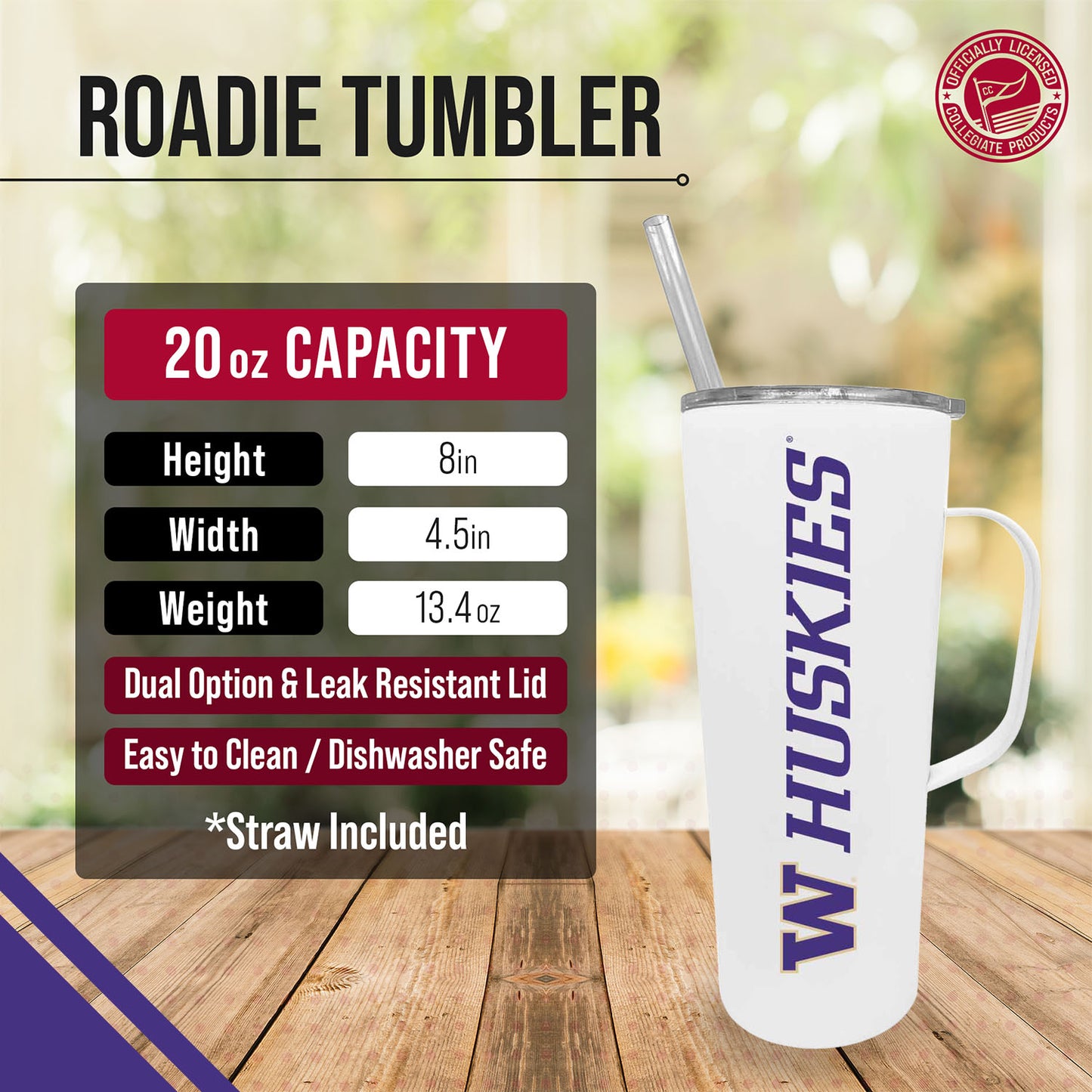 Washington Huskies NCAA Stainless Steal 20oz Roadie With Handle & Dual Option Lid With Straw - White