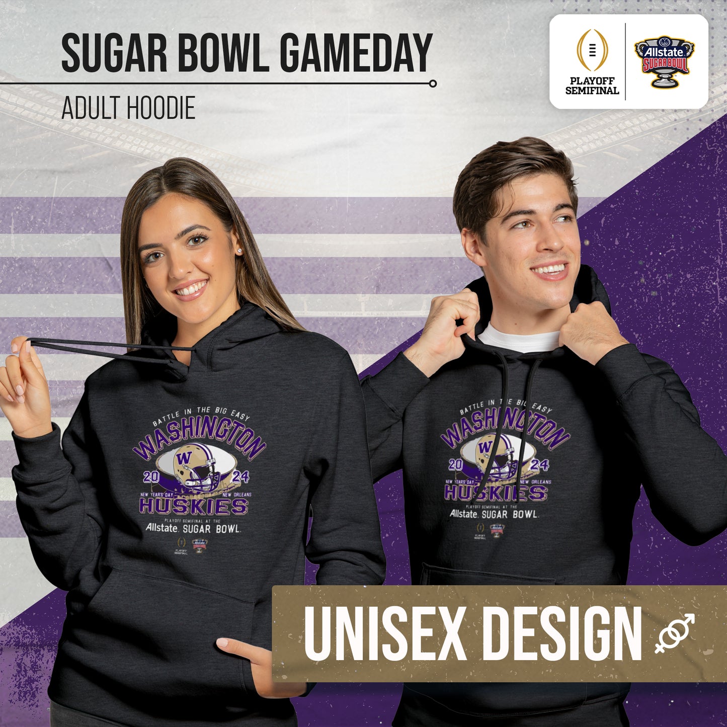 Washington Huskies 2024 Sugar Bowl Game Day College Football Hood - Black Heather