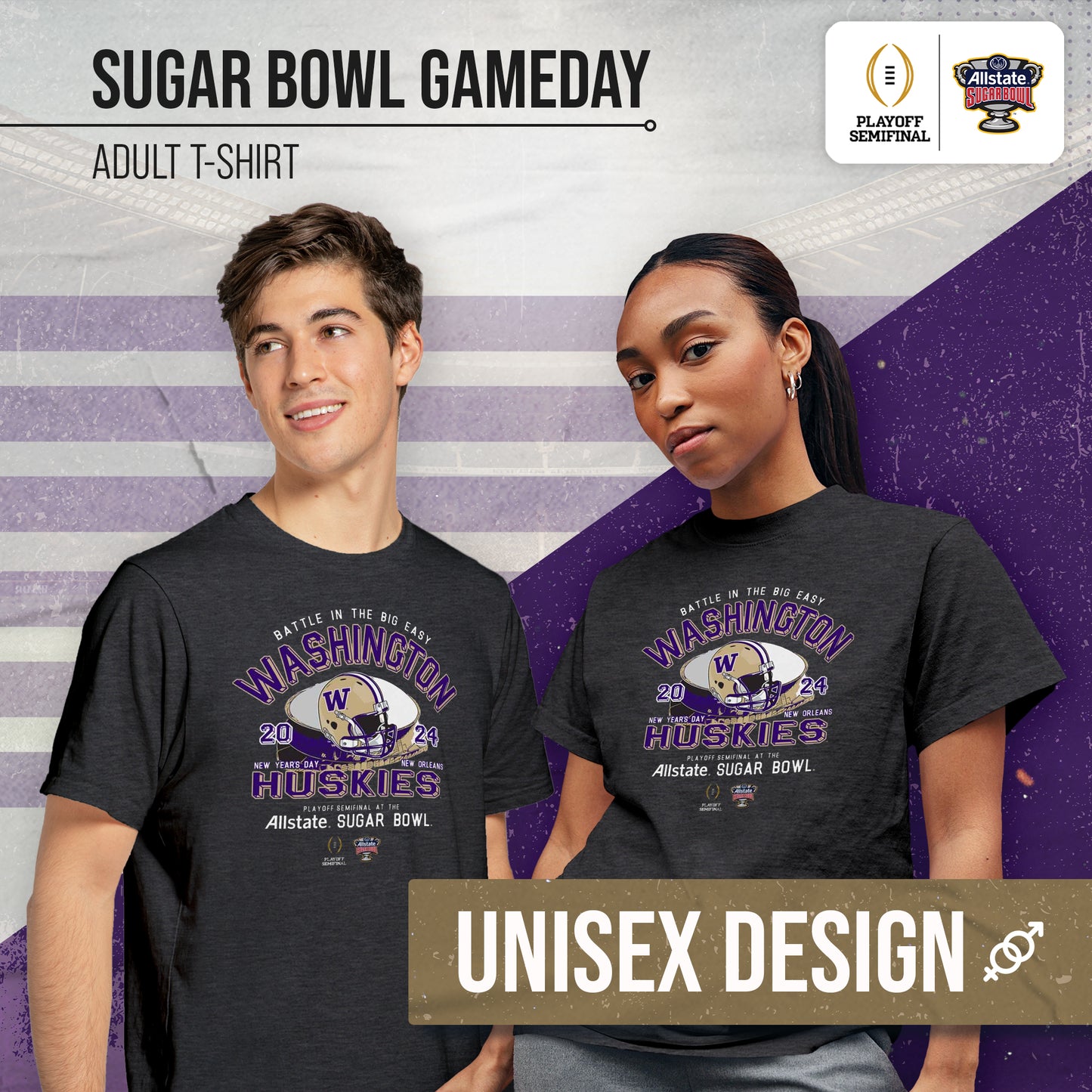 Washington Huskies 2024 Sugar Bowl Game Day College Football T-Shirt - Black Heather