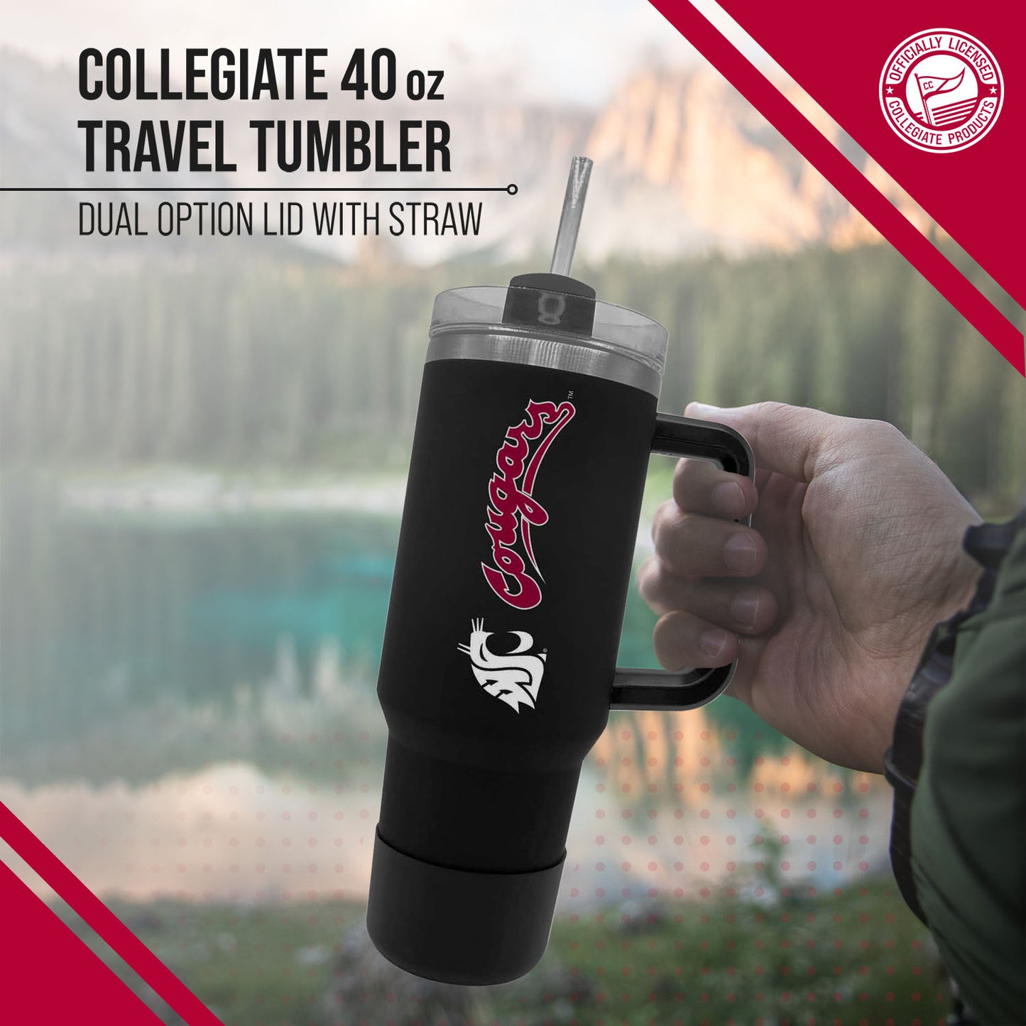 Washington State Cougars College & University 40 oz Travel Tumbler With Handle - Black