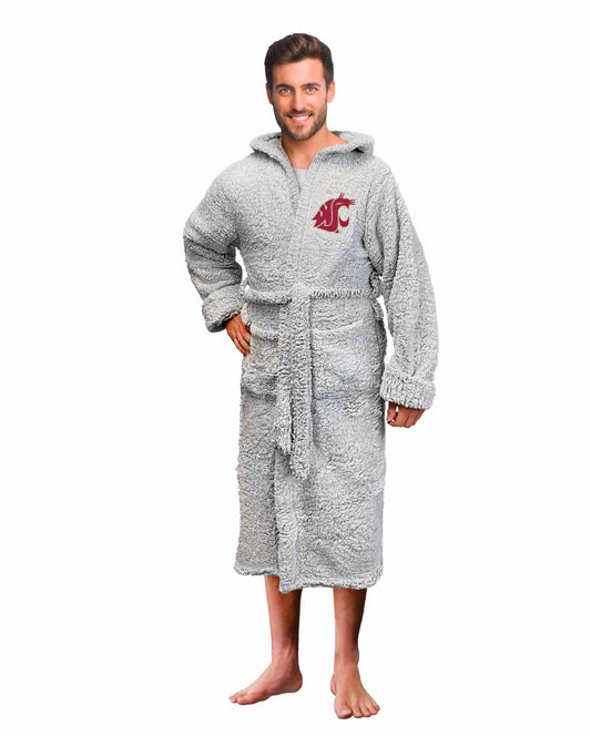 Washington State Cougars NCAA Adult Plush Hooded Robe with Pockets - Gray
