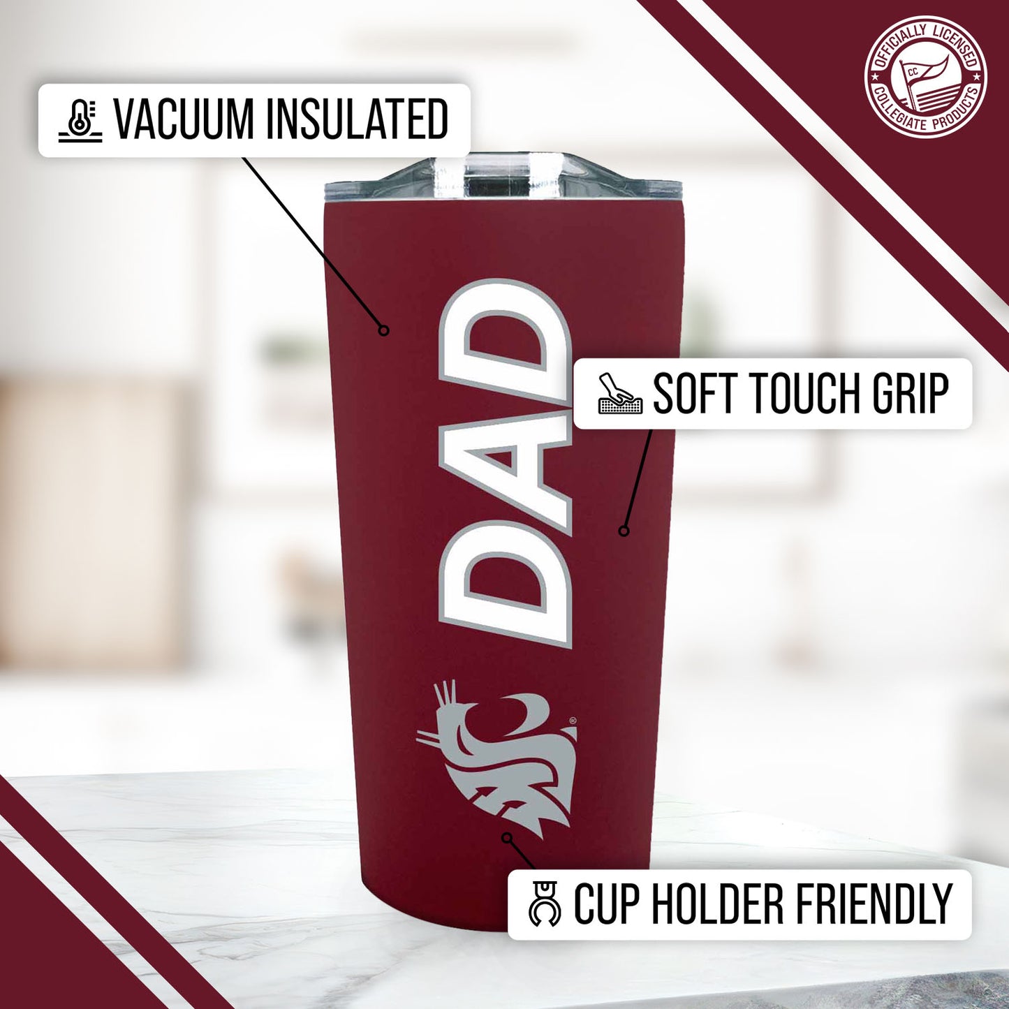 Washington State Cougars NCAA Stainless Steel Travel Tumbler for Dad - Maroon